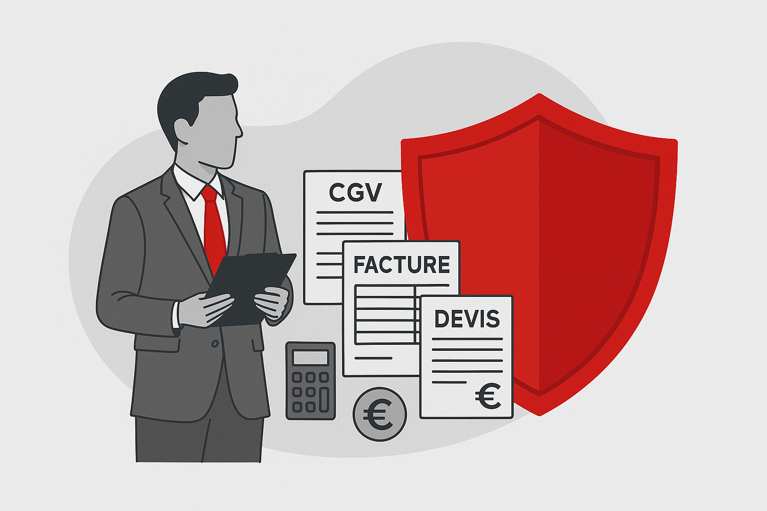 DAF en costume gris avec documents CGV, devis et facture protégés par un bouclier rouge, symbolisant la sécurisation du risque client en PME.