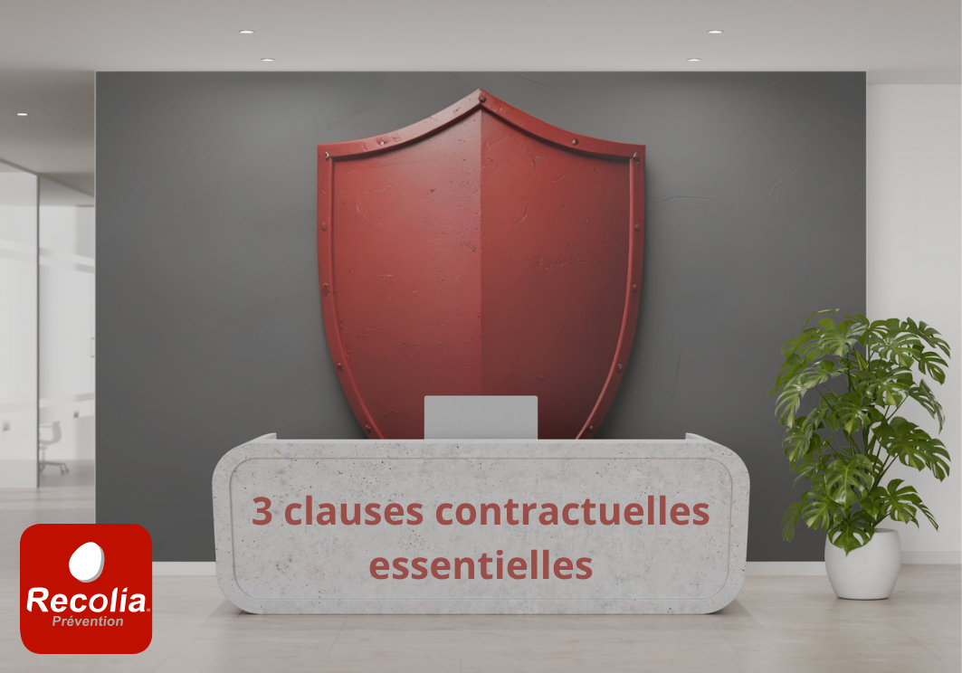 Illustration professionnelle représentant un bureau d’accueil moderne avec un grand bouclier rouge symbolisant la protection contractuelle, accompagnée du texte “3 clauses contractuelles essentielles” et du logo Recolia Prévention.
