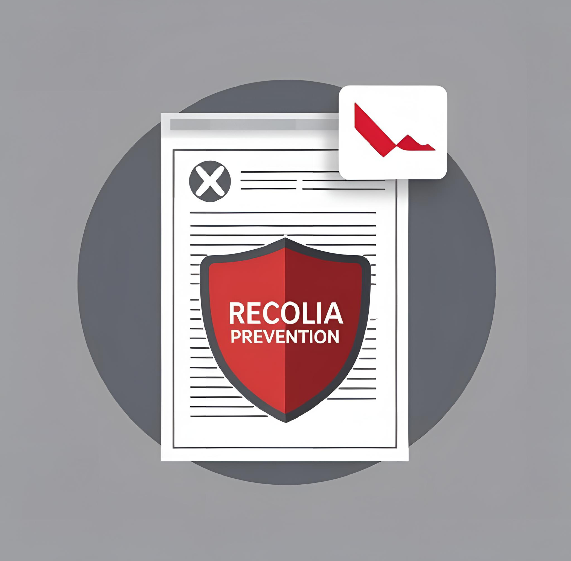 Illustration d’un document protégé par un bouclier rouge RECOLIA PRÉVENTION, symbolisant la sécurisation juridique des documents commerciaux en B2B.